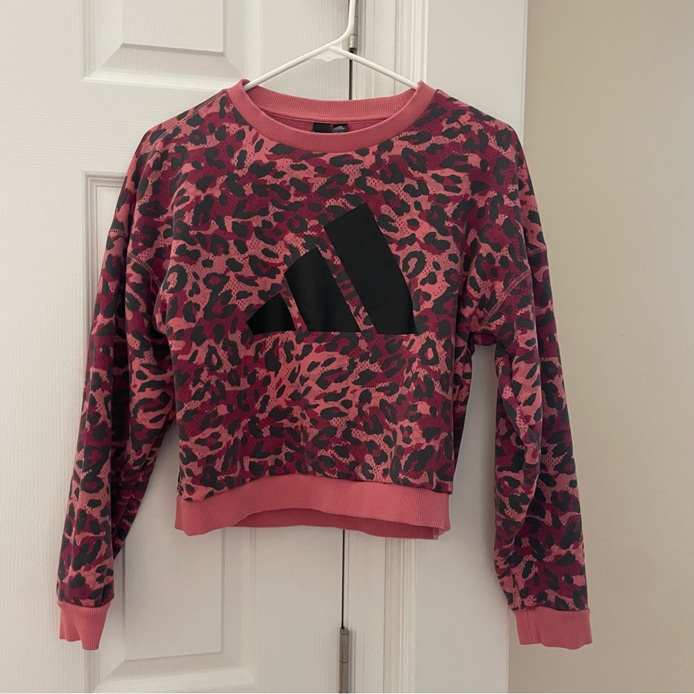 Adidas Pink Leopard Print Logo Pullover - XS